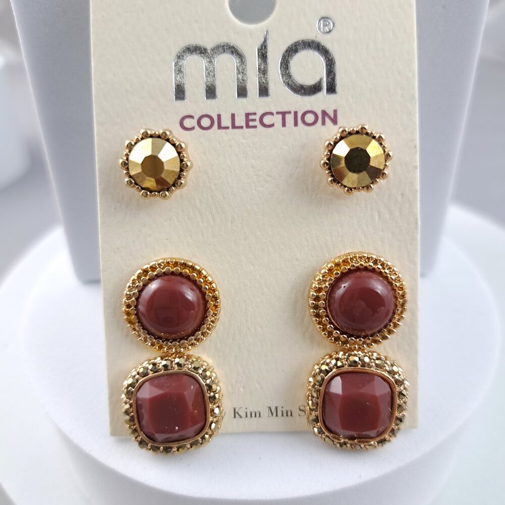 NWOT  Set of 3 Pairs Gold and Maroon Stud Earrings